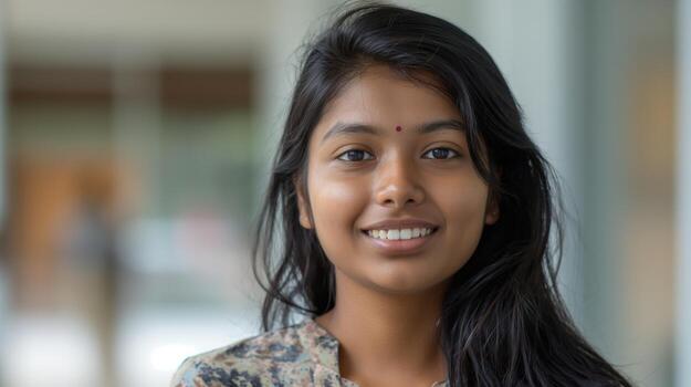 portrait of a smiling young bangladeshi woman in relaxed indoor setting celebrating diversity photo
